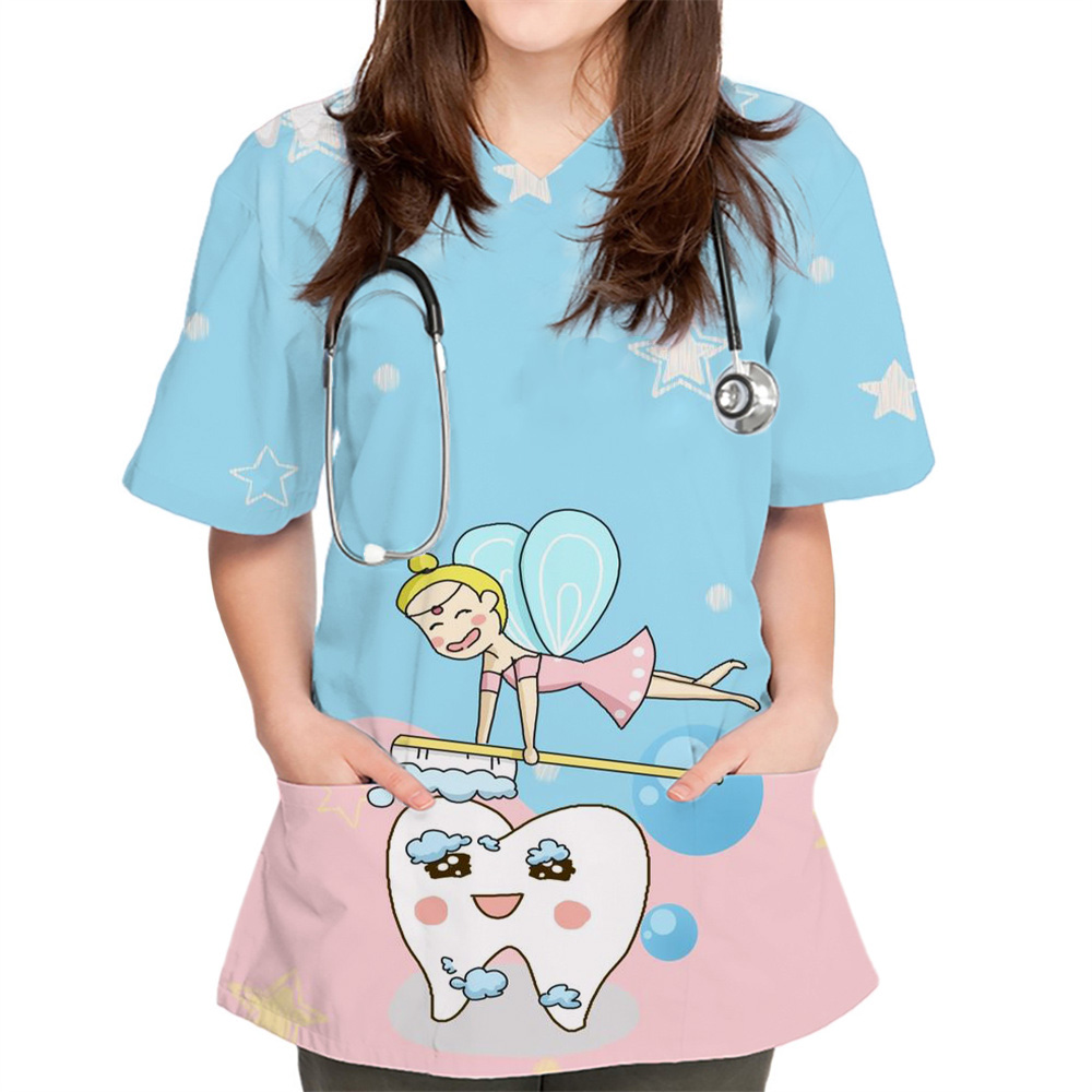 Cartoon Print Enfermeira Veterinária Uniforme, Magra Beleza Esfrega Roupas, Enfermeira Spa, Tops de Laboratório Médico, Dentista Moda, Novo