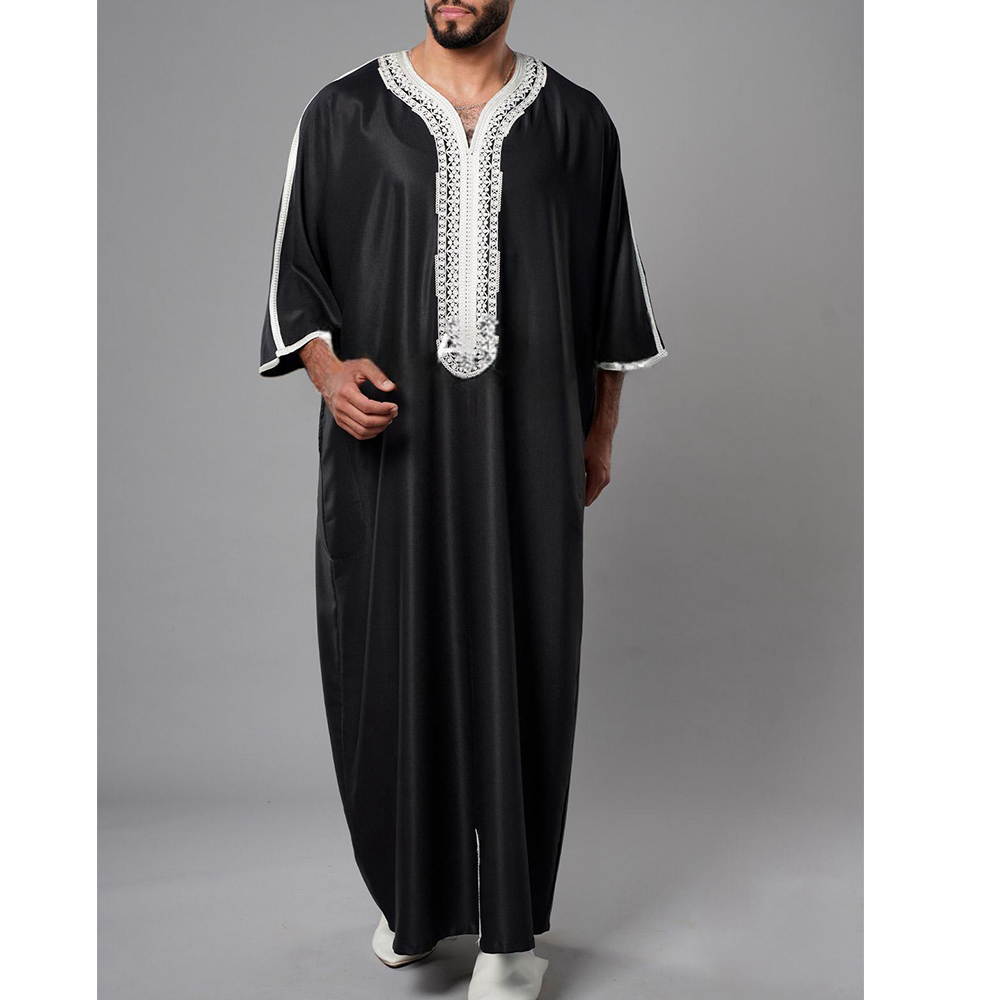 Men 2024 new positioning Embroidery Extra Long T-shirt Men's embroidered pocket Arab abaya