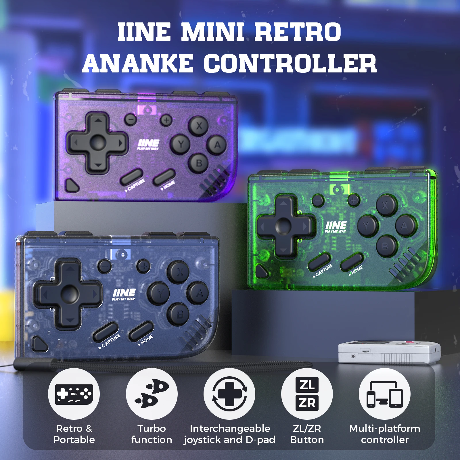 Controlador IINE Mini Retro Ananke/Función Turbo y joystick intercambiable, D-pad, controlador multiplataforma, ZL y ZR B