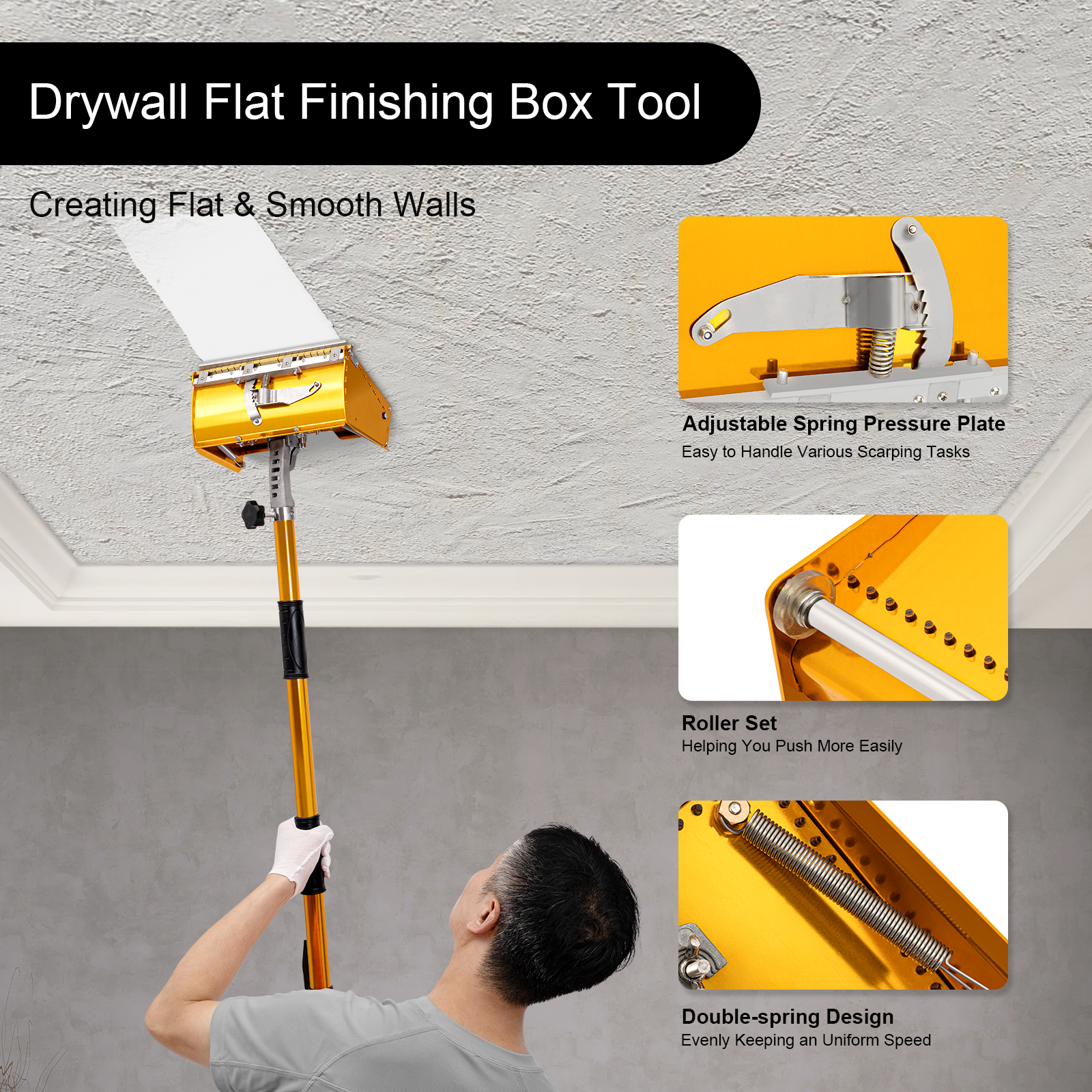 Drywall Flat Finisher Taping Professional Tools w/ 40''-64'' Extendable Handle Plasterboard Wallboard Sheetrock Mud for Putty
