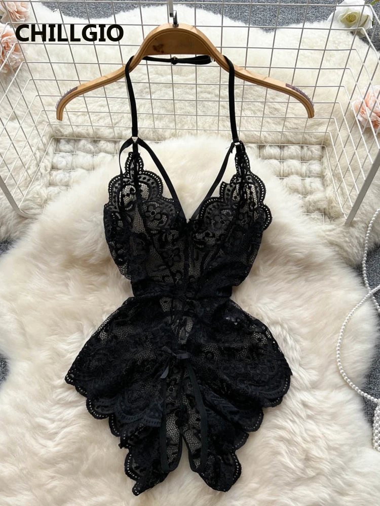 CHILLGIO сексуальные цветочные кружевные Комбинезоны на бретельках Женские прозрачные эротические облегающие комбинированные Комбинезоны Клубные цельные комбинезоны с открытой спиной