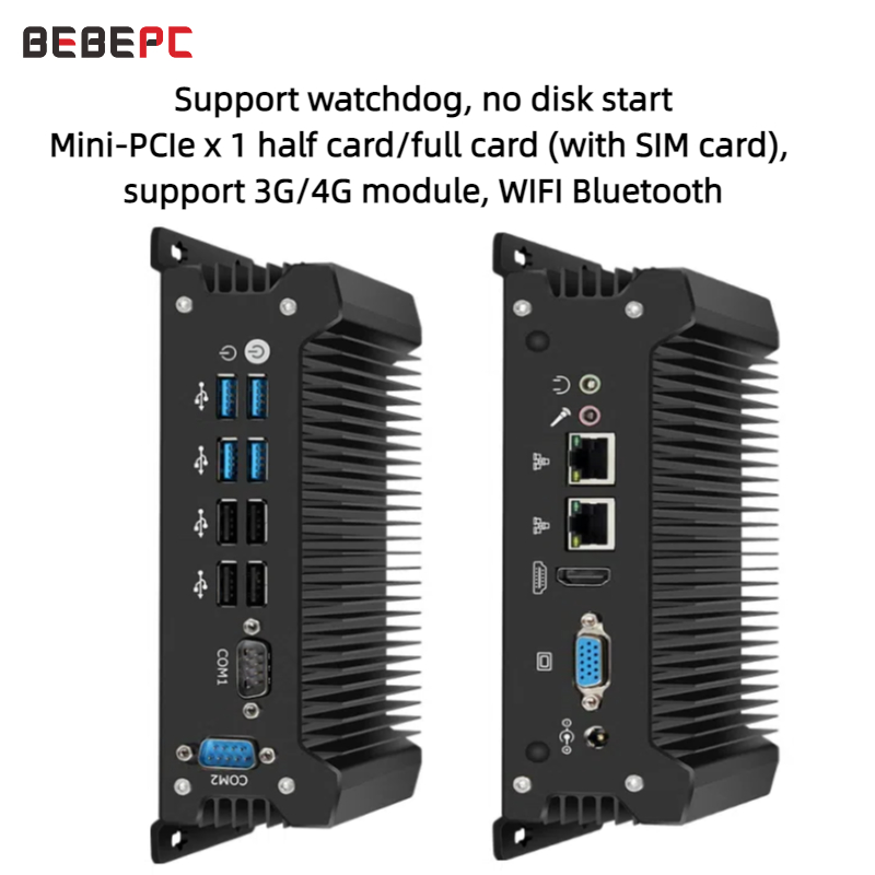 BEBEPC Công Nghiệp Máy Tính Mini PC Quạt Không Cánh Intel Core I5-4278U 2 LAN 2 COM RS32 Máy Tính Windows 10 Pro Linux WIFI minipc
