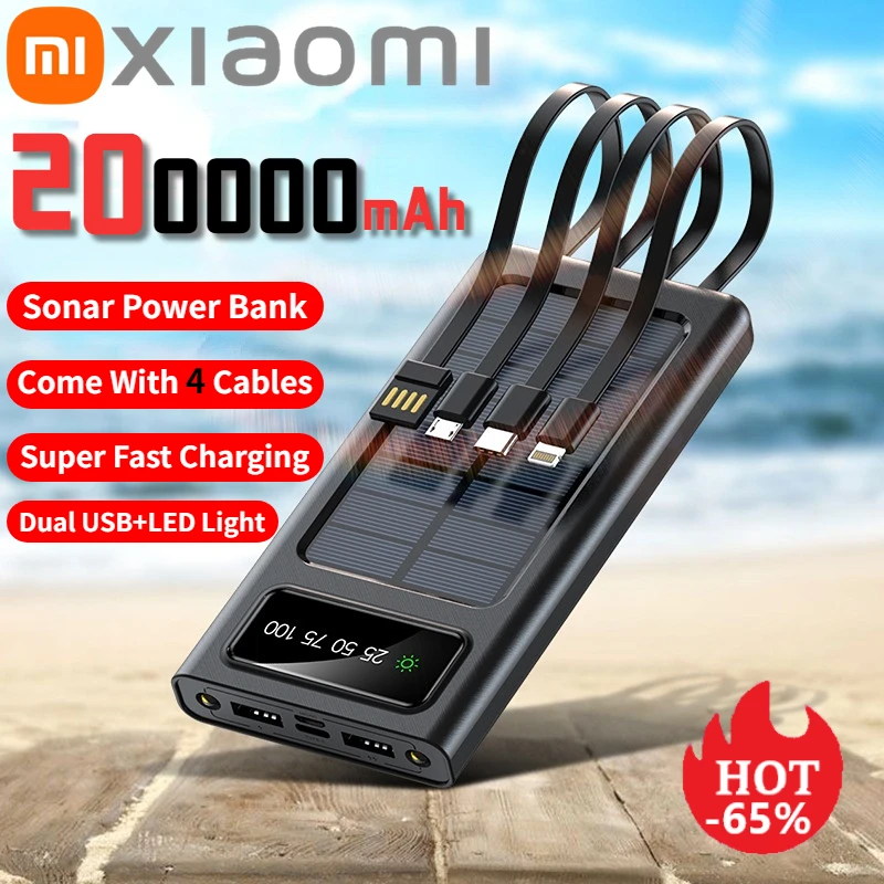 Xiaomi 200000 mAh Solar Power Bank большой емкости для мобильных устройств, быстрая зарядка аккумулятора с двумя USB-кабелями для iPhone Samsung