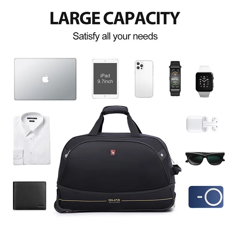 OIWAS-mochila masculina com carrinho, mala de rolamento dobrável, repelente de água, bagagem de mão com rodas, bolsa de mão, pacote de expansão de 56 litros