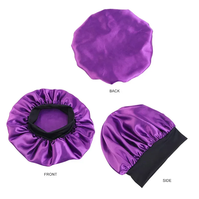 Gorro feminino de cetim sólido, aba larga, noite, dormir, banho, unissex, envoltório de cabeça, elástico, cuidados com os cabelos