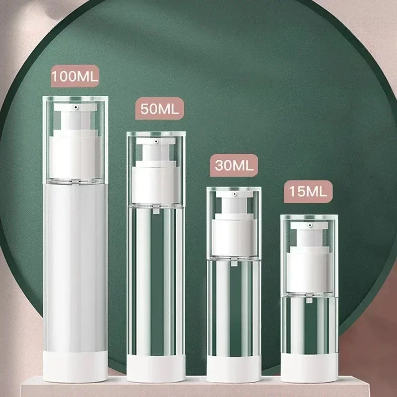 Botella con bomba de crema sin aire transparente para viaje, dispensador de vacío reutilizable recargable, contenedor sin aire, botella de maquillaje, 10/15/30/50/80/100ML