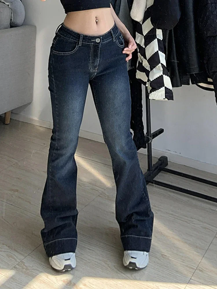 Kalevest Y2K High Street laagbouw jeans blauwe damesbroek Bootcut zakken jeans streetwear lage taille jeans wijde pijpen broek