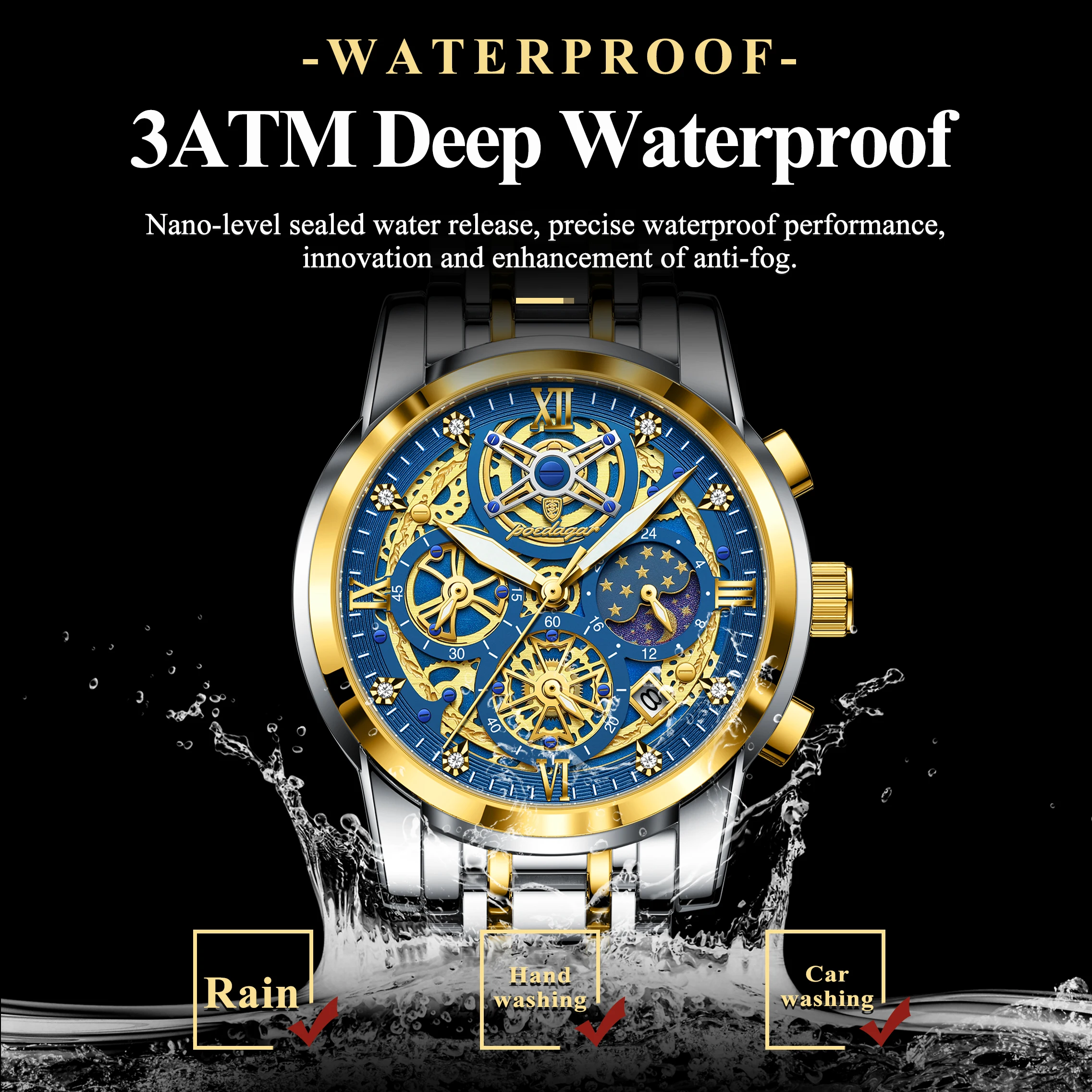 Reloj POEDAGAR de lujo de alta calidad para hombre, cronógrafo luminoso resistente al agua con fecha, Reloj de cuarzo de acero inoxidable para hombre, Reloj