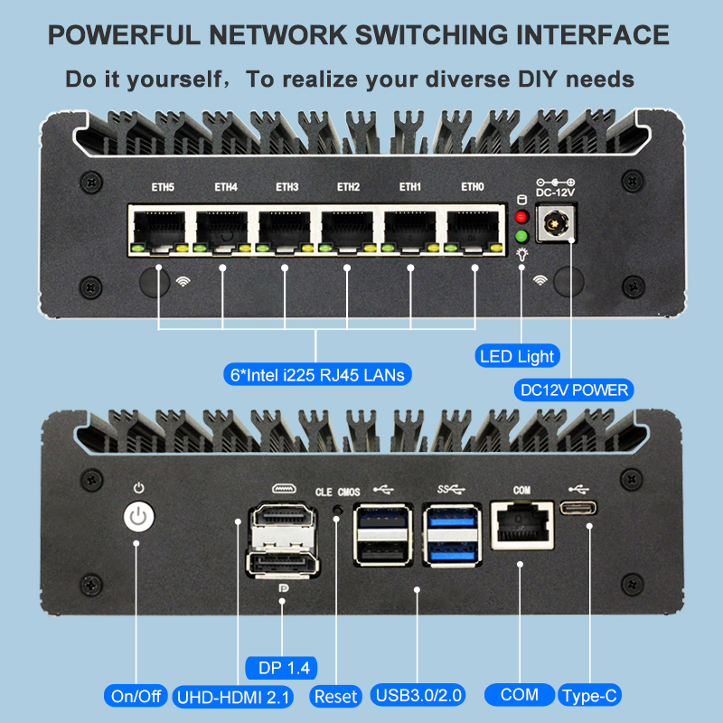Intel N100 Soft Router 6 Lans i226-V 2.5G Fanless Mini PC COM HD DP USB Tipo-C pfSense Firewall Dispositivo OPNsense ESXi Computador