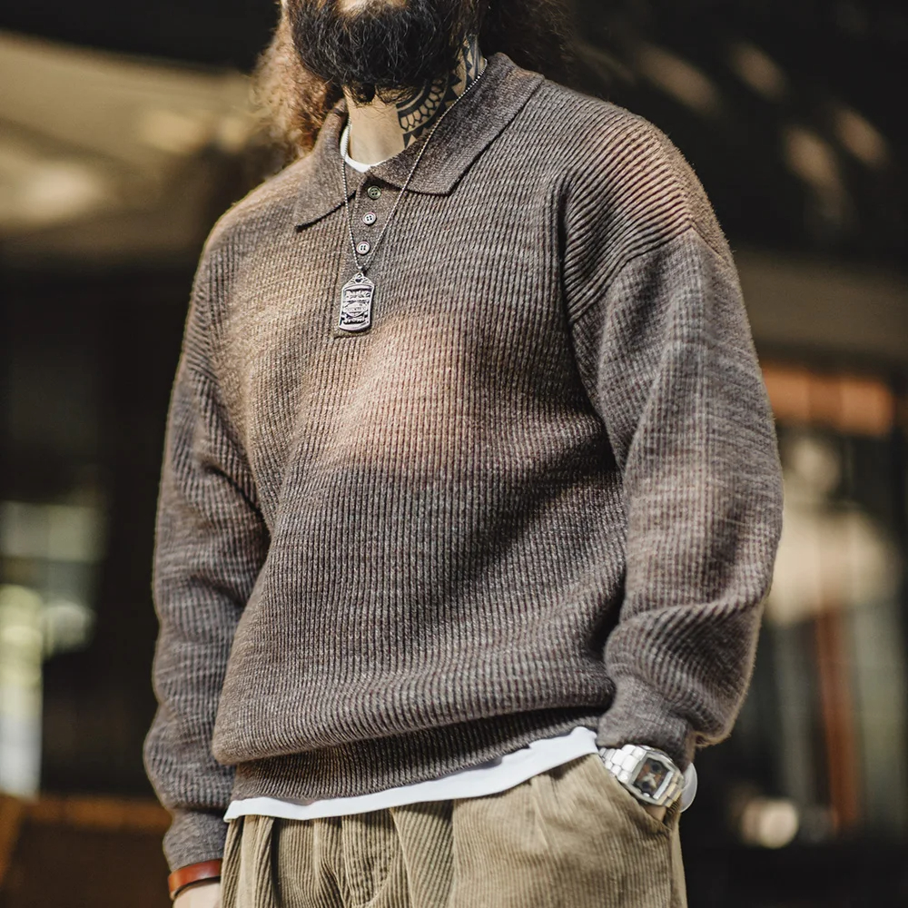 Maden-Polo de punto Retro para hombre, suéter holgado con solapa de Color café, Jersey de tío Fu, prendas de punto informales, Otoño e Invierno