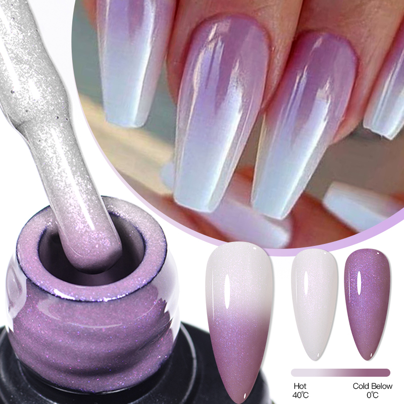 Esmalte de uñas de Gel térmico Auroras, barniz de Gel semipermanente que cambia de Color con brillo desnudo púrpura y temperatura brillante, 7ml