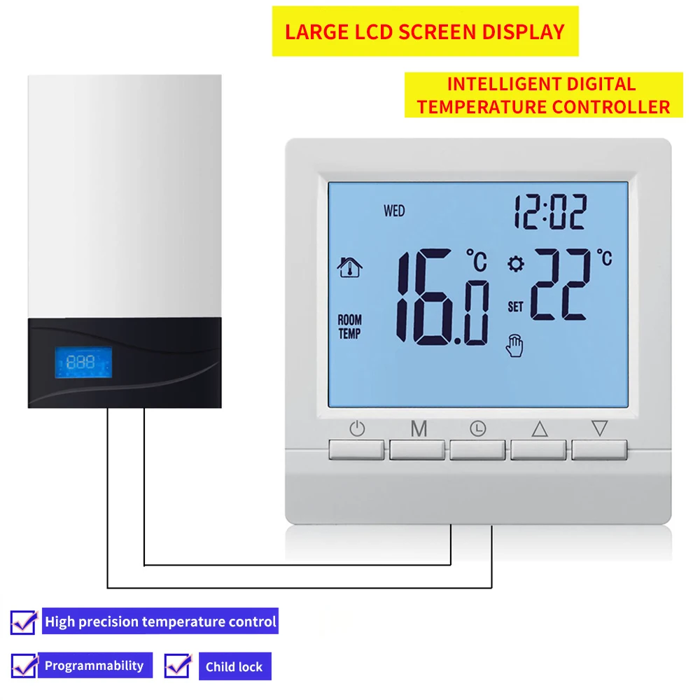 Termostato Digital para caldera de Gas, controlador de temperatura ambiente programable semanal, regulador de temperatura de calefacción, batería AA, manual