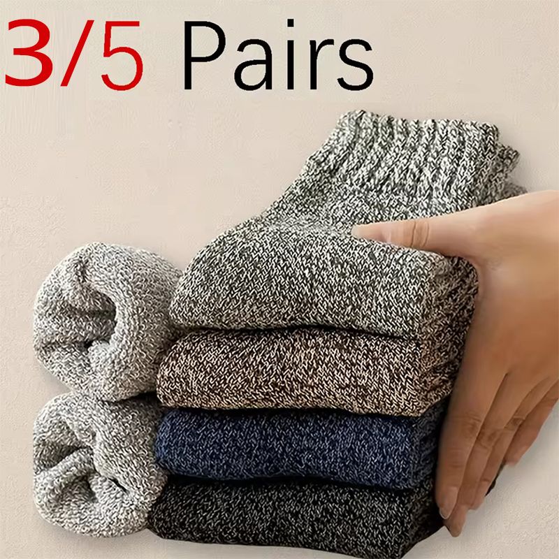 3/5 Pairs Winter Socks Thick Warm High Quality Harajuku Retro Snow Casual Antifreeze Cashmere Socks Men Size 38-43