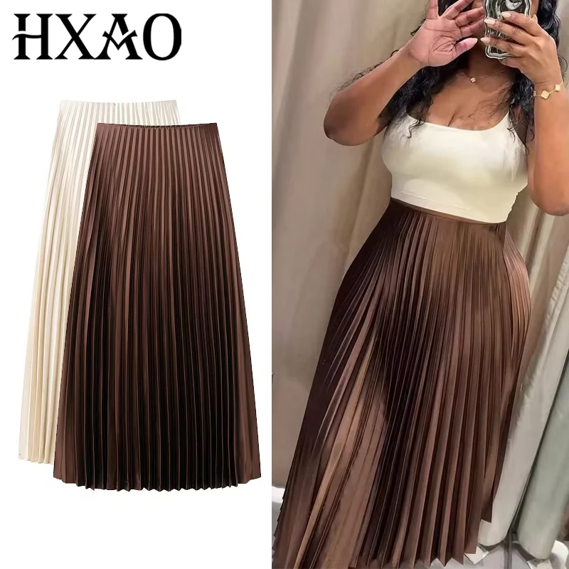 HXAO Gonna a pieghe da donna Estate Gonna con volant marrone Pieghe a cilindro Gonna longuette a vita media Moda elegante Gonna lunga da donna 2025