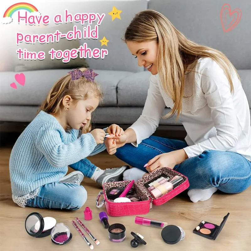 เด็กแกล้งเล่นแต่งหน้าชุดปลอม Make Up Kit พร้อมกระเป๋าเครื่องสําอางสําหรับสาวน้อยของขวัญวันเกิดเด็กเล่นเครื่องสําอางของเล่น