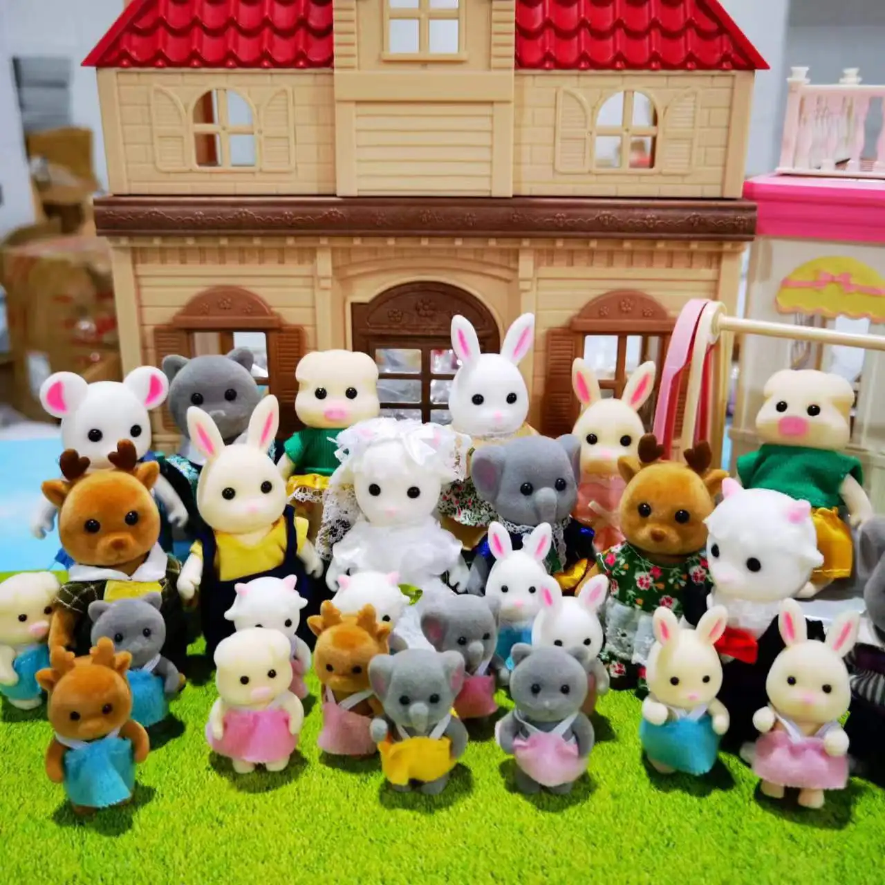 부활절 토끼 가족 숲 동물 1:12 스케일 인형 집 미니어처 Accessorie 토끼 곰 순록 소녀 선물을위한 놀이 척