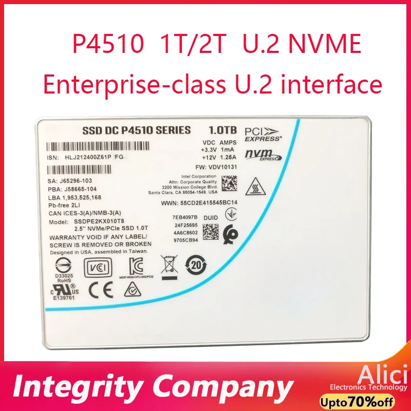 For Intel  SSD P4510 1TB 2TB Series DC NVME U.2 2.5" SSDPE2KX020T8 Enterprise solid state driveOriginal