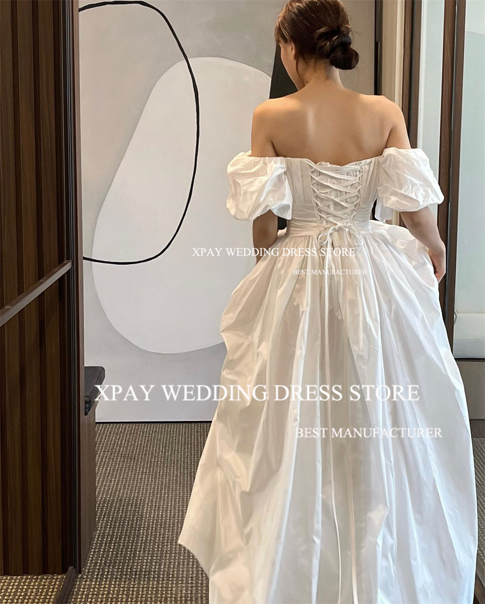 XPAY Sweetheart A Line Corea Abiti da sposa Personalizzato Taffetà Pieghe Corsetto Indietro Abiti da sposa Abito da sposa con maniche corte a lanterna