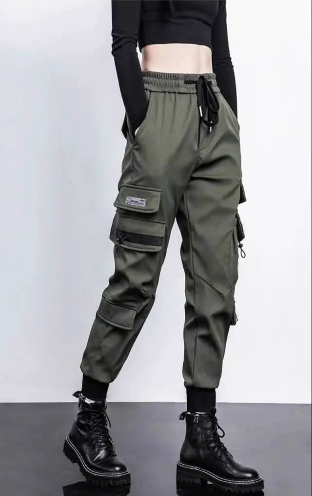 Nuevos pantalones Cargo para mujer, pantalones Harem Ins, moda Punk, bolsillos, pantalones para correr, cadena, elásticos Harajuku, ropa de calle de cintura alta 420