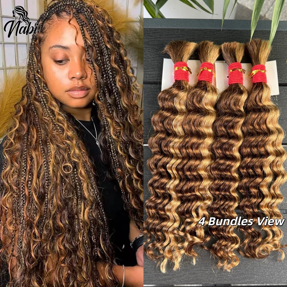 NABI Highlight Honey Blonde Deep Wave Hair Bundles No Weft for Boho Braids 100% Human Hair Extension Bundles for Boho Braiding