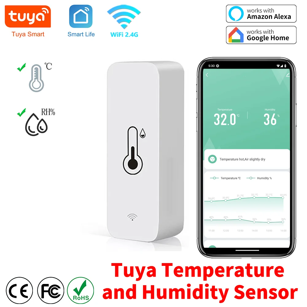 Smart Life Tuya Wi-Fi Датчик температуры и влажности Дистанционный мониторинг Домашняя автоматизация Совместимость с Alexa Go...