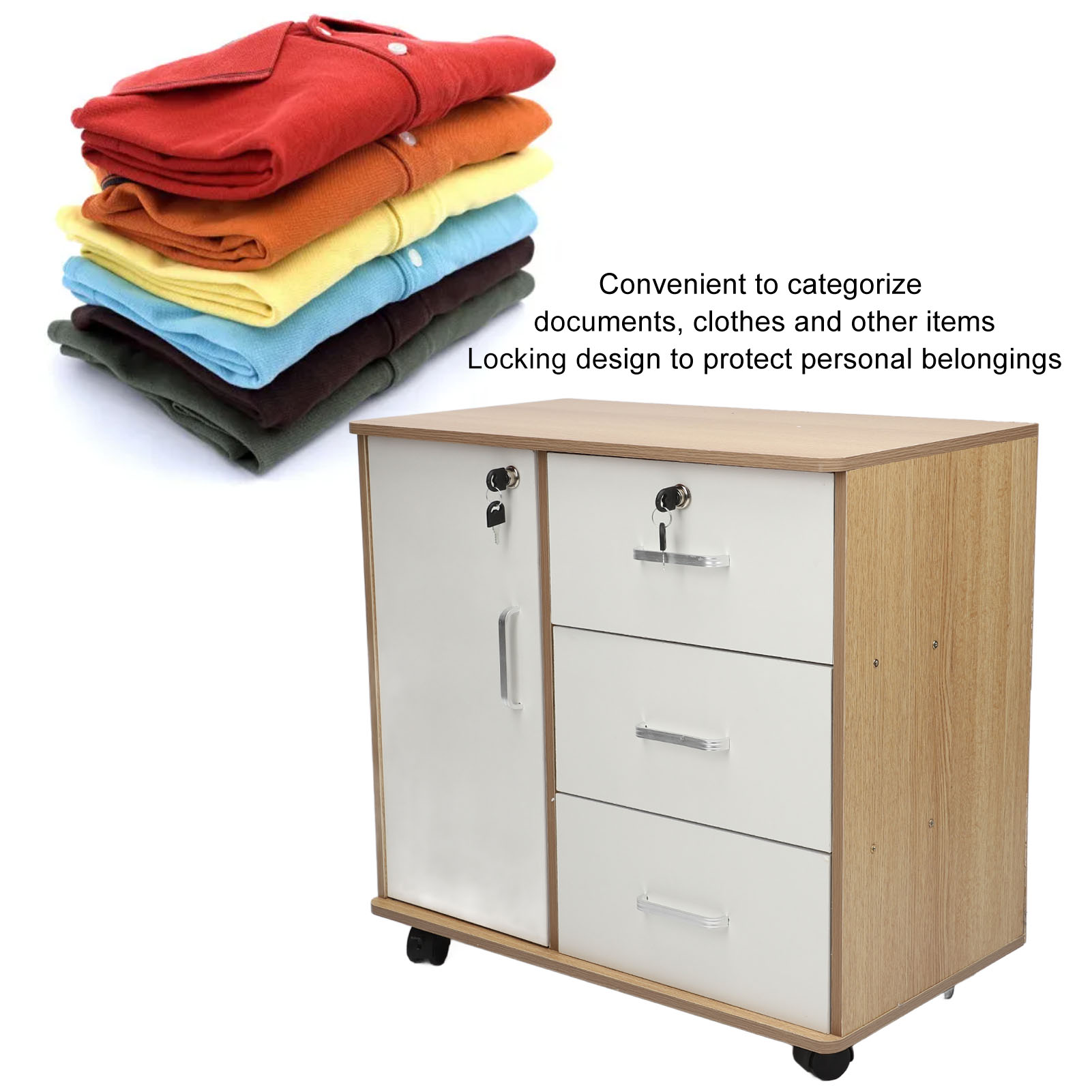 Armário de armazenamento de cabeceira com fechadura, rodas removíveis, mesa final de madeira antirroubo para documentos de arquivo