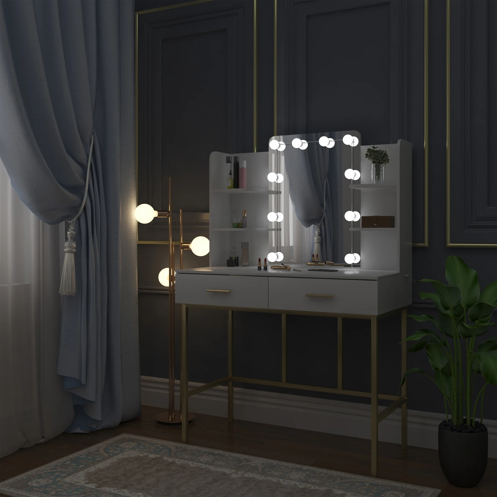 WOLTU Bureau de vanité en or blanc avec miroir Éclairage LED 2 tiroirs Commode moderne Coiffeuse Table de maquillage pour chambre à coucher Maison