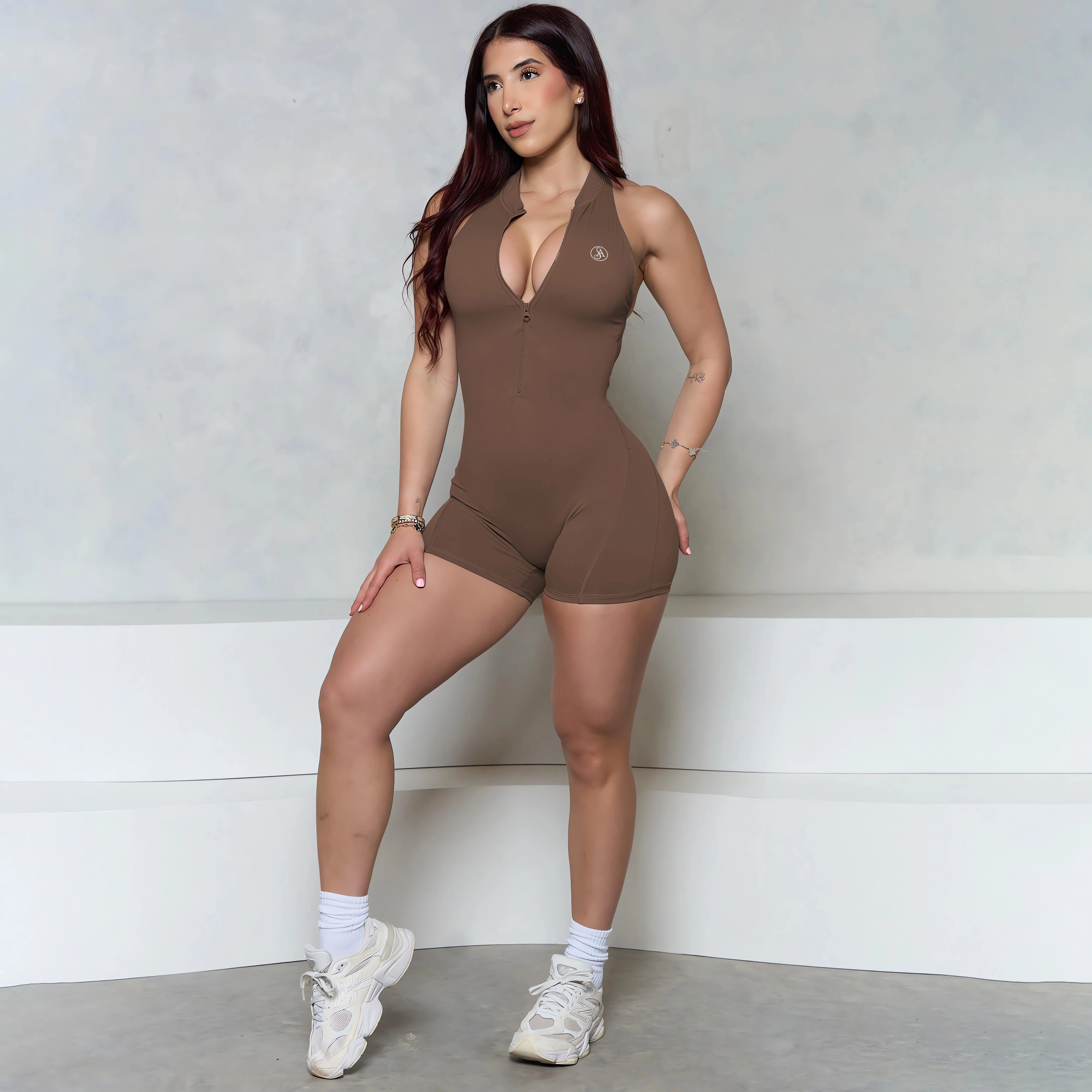 Allure Die Marke Ärmellose ZIPPER Scrunch Butt Strampler Frauen Sportliche Overall Lycra Kurze Fitness Gym Overalls Workout Kleidung