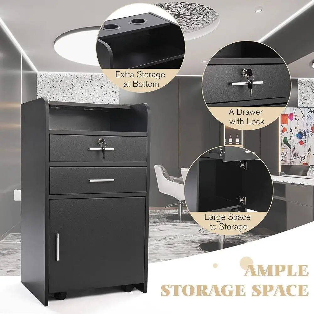 Styling Station, Barber Salon Cabinet with Appliance Holder Lockable Drawer