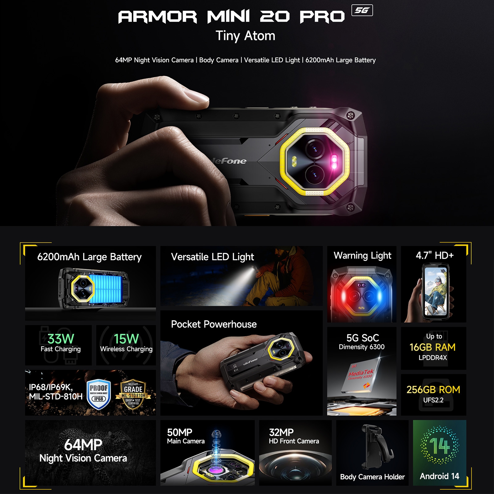 【World Premiere】Ulefone Armor Mini 20 Pro 5G 4.7" Rugged Phone 64MP Night Camera Android 14 Smartphone 6200mAh Mobile phone LED