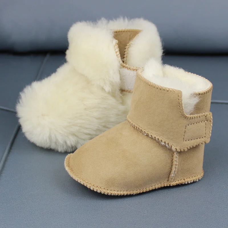 ใหม่ของแท้หนัง Soild ห่วงตื้นฤดูหนาว Super Warm Snow Boot ขนสัตว์เด็กทารก First Walkers