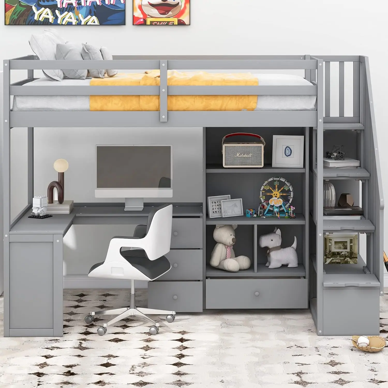 Twin Size Loft Bed with Stairs and Desk, Solid Wood Loft Bed Frame with Bookcase and Storage Drawers, for Kids Teens Adults