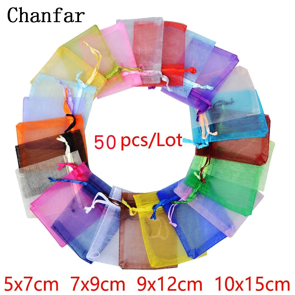 50 stücke 24 Farben Schmuck Verpackung Tasche 5*7 7*9 9*12 10*15 cm Organza Beutel geschenk Lagerung Hochzeit Kordelzug Beutel Großhandel