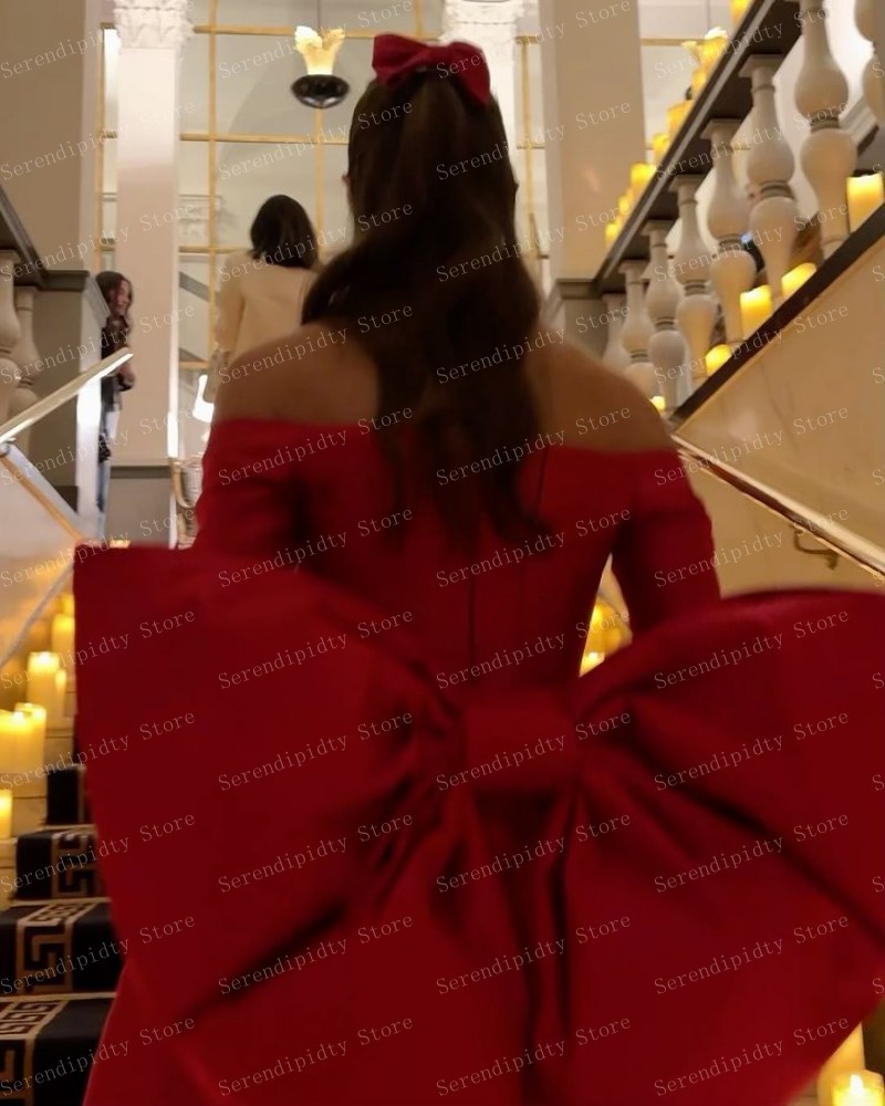 Seriendipidty-女性用の裸の肩のイブニングドレス,滑らかなサテン,ミニ丈,カスタムメイド,台形の長袖,大きな弓,赤い服
