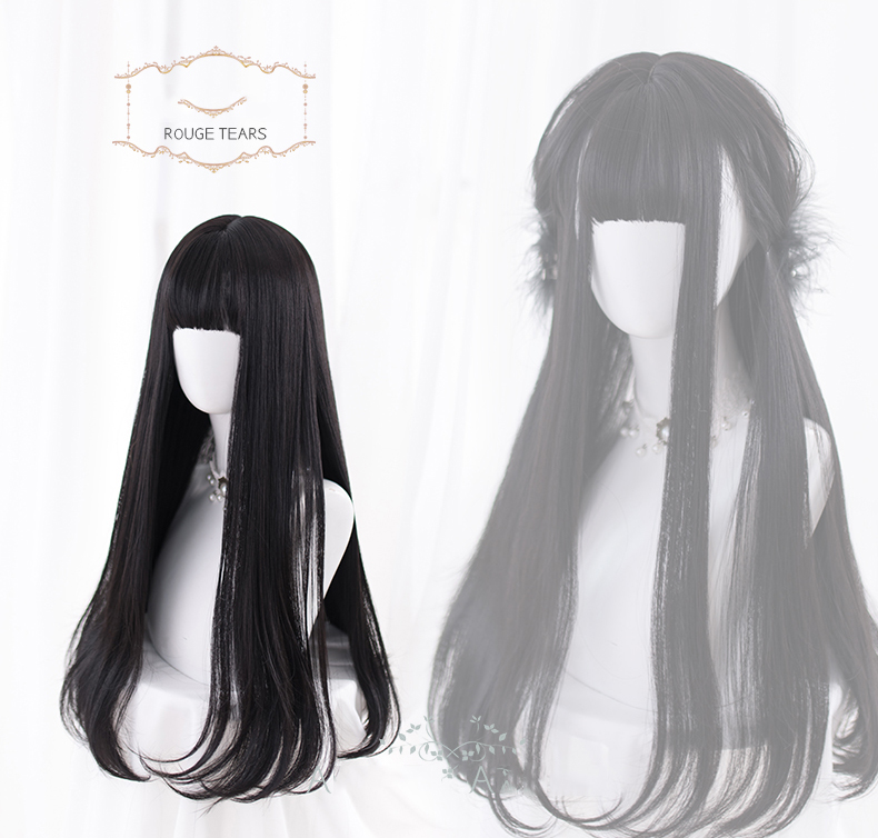 AS ยาวตรงวิกผมสังเคราะห์สีดําสําหรับผู้หญิง Bangs สีดําคอสเพลย์ Lolita วิกผมความร้อนทนผมธรรมชาติ