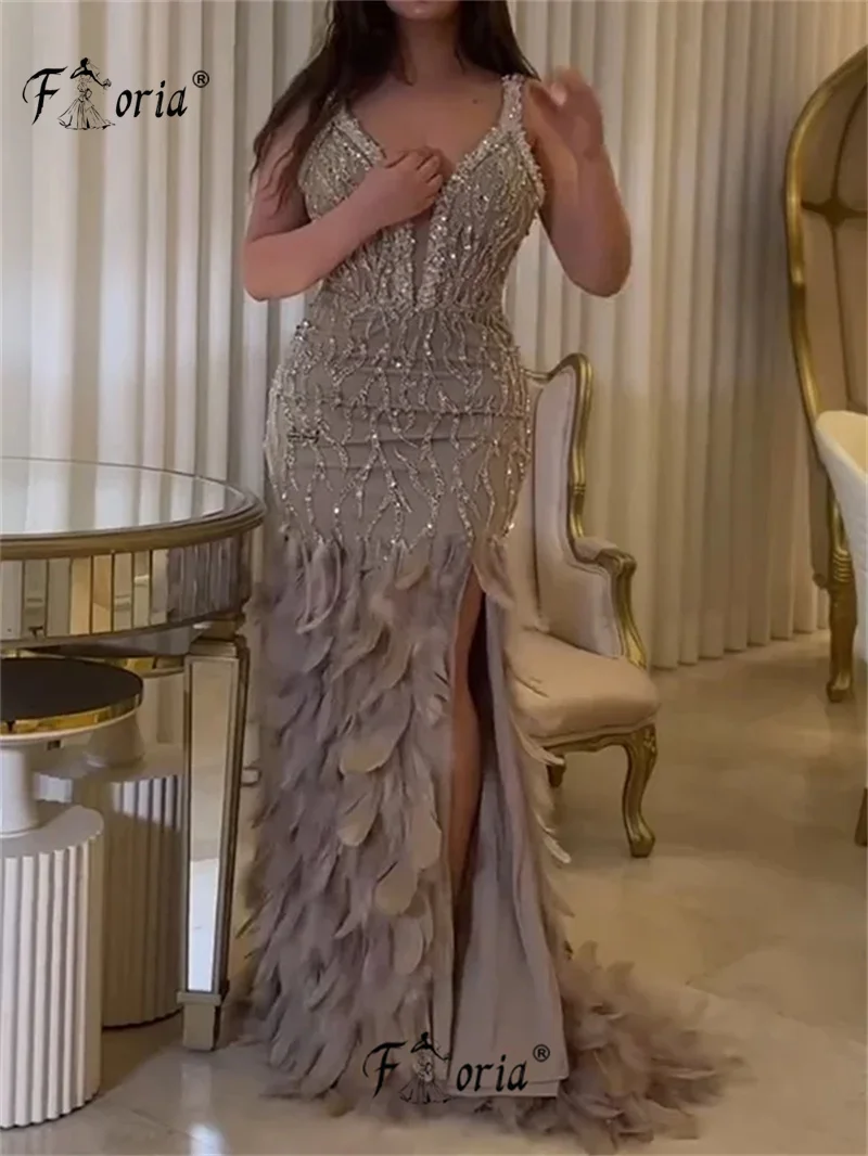 Exquisite Grüne V-ausschnitt Meerjungfrau Abendkleider Federn Hohe Split Perlen Pailletten Angepasst Formale Party Abendkleid Vestido Neue