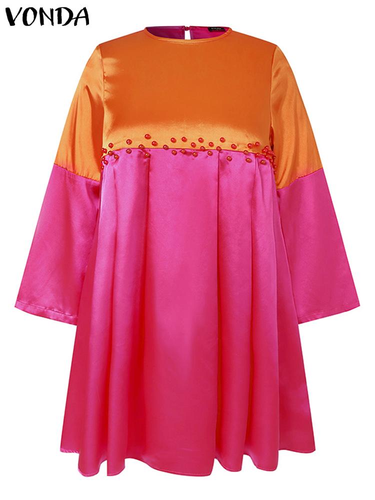 Plus Größe 5XL VONDA Böhmischen Mini Kleid Frauen Sommer Farbe Patchwork Kurze Sommerkleid 2024 Casual Langarm Perlen Lose Vestido