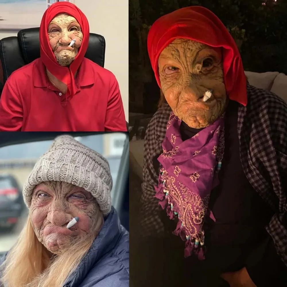 Divertente fumatori nonna vecchio Nana maschera in lattice signora nonna con viso rugoso e sciarpa rossa maschere puntelli per costumi da festa di Halloween