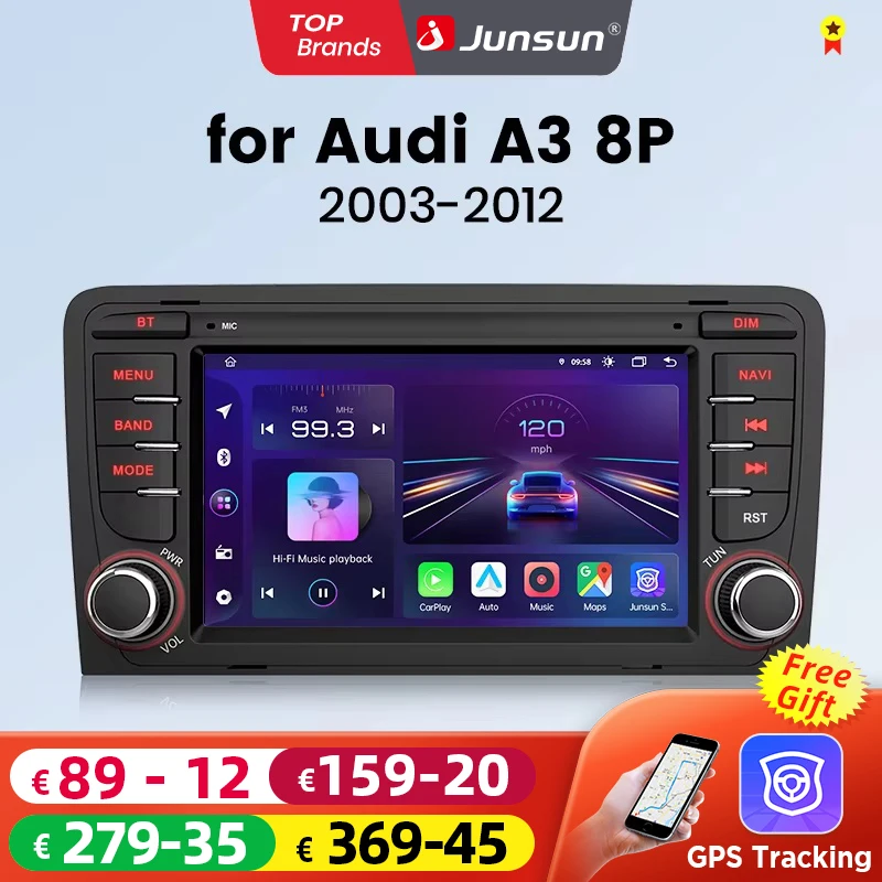 Junsun 7 "CarPlay sem fio para Apple Android Auto Rádio de carro para Audi A3 8P S3 2003-2012 GPS tereo Multimedia 4G 8core RDS