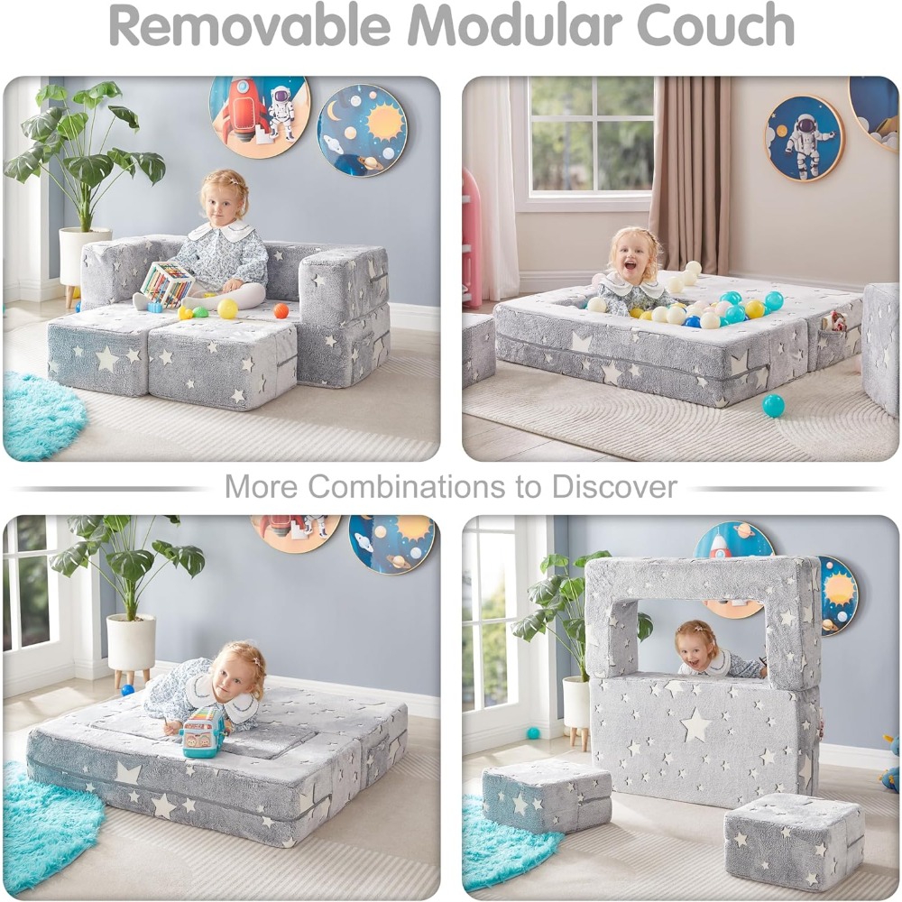 Kids Play Couch, Glow in The Dark Star Patterns Toddler Modular Sofa, Convertible Baby Fold Out Play Foam and Floor Cushion