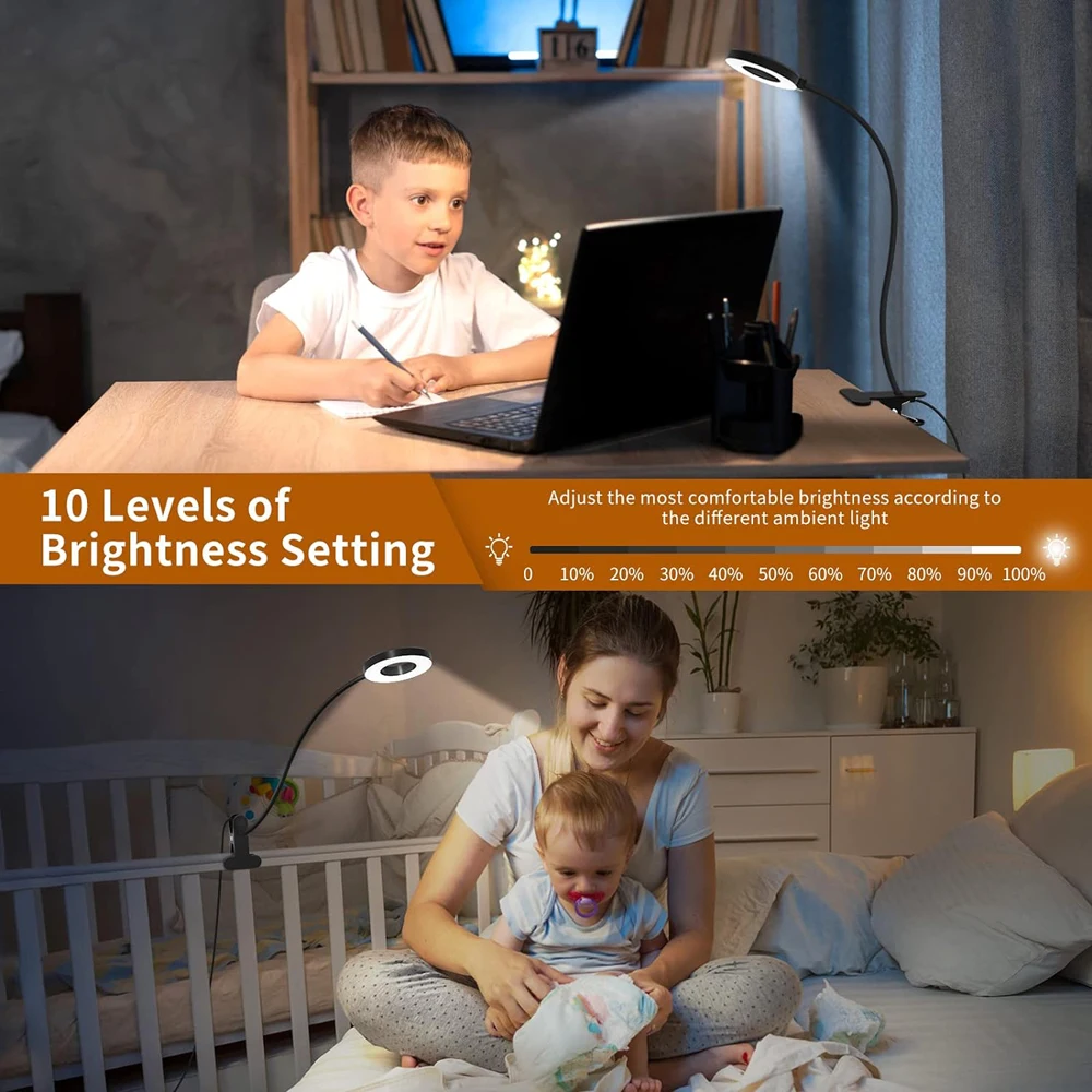 48 LED USB Luz de libro Clip Lámpara de escritorio Luz de lectura con 3 modos de color 10 Atenuador de brillo 360 °   Lámpara de noche de cama con cuello de cisne flexible