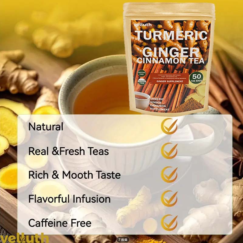 Turmeric Ginger Tea Natural Herbal, No Additives, No Caffeine, No Sugar, 25 Bags, 50 Bags