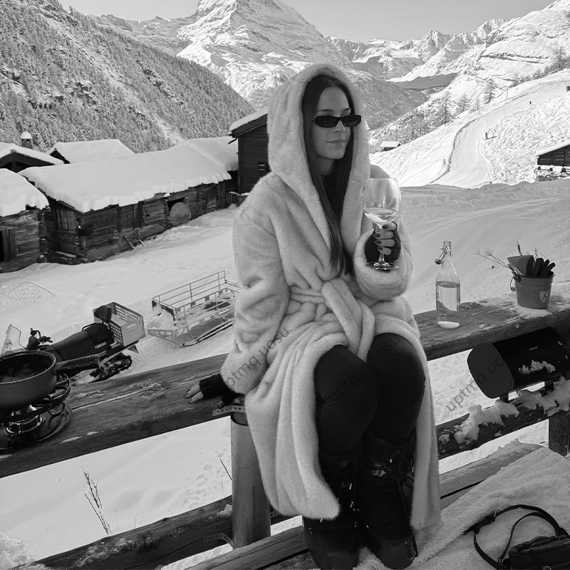 動物ナチュラルカラーグラデーションベルト付きフェイクミンクファーマキシコート冬服女性 2024 ファッションロングコートヴィンテージパーカー生き抜く