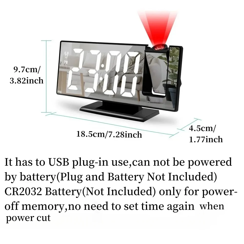 180 °   นาฬิกาปลุกแบบฉายภาพ แสดงเวลา อุณหภูมิ ปลั๊ก USB นาฬิกาปลุกดิจิตอล ตั้งเวลาซ้ำ นาฬิกาตั้งโต๊ะ 12/24 ชม. นาฬิกาโปรเจคเตอร์ LED