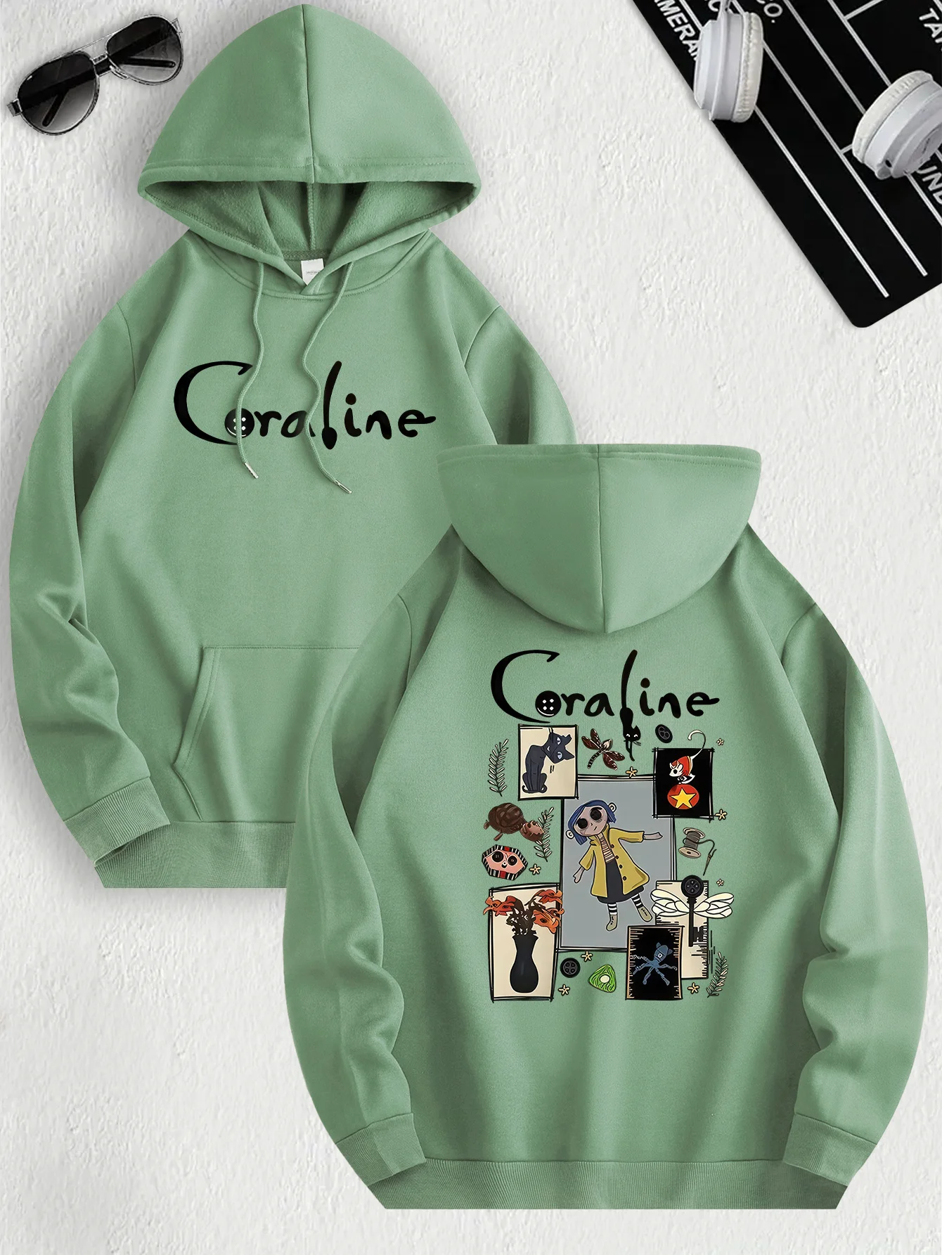 Moletom casual inspirado em Coraline para mulheres, tecido de malha de poliéster, manga comprida, ajuste regular, pulôver com capuz e leve elasticidade