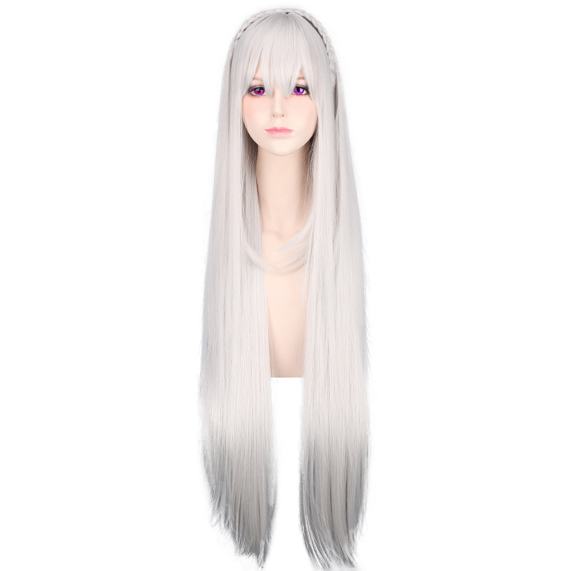 40-Zoll lange, gerade, silberne synthetische Perücke mit Fransen für Urlaubsparty, Halloween, Cosplay