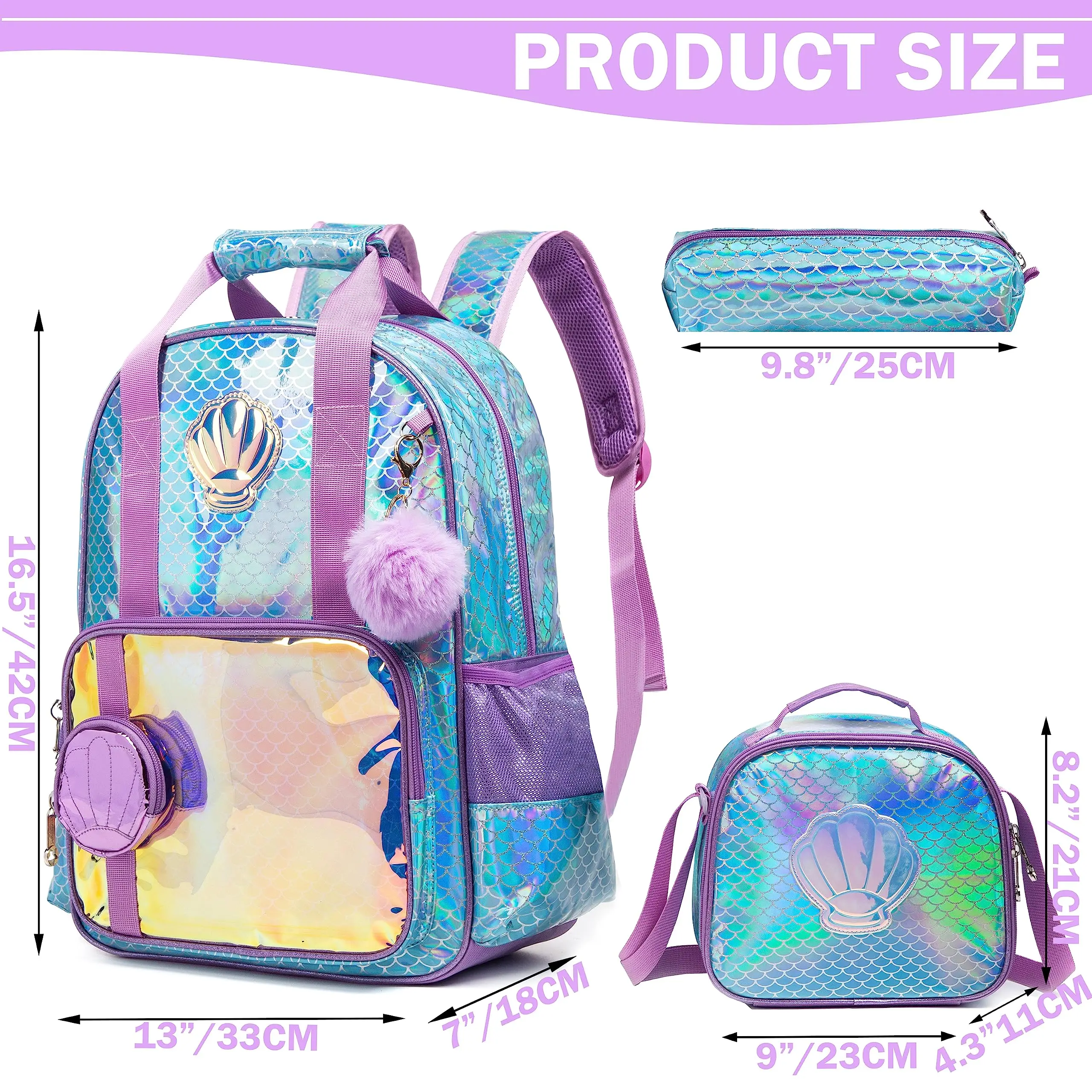 Bikab Rucksack für Mädchen Regenbogen und Stern Schult asche mit Lunchbox Set für Kindergarten Glitter Pailletten Bücher tasche für Mädchen