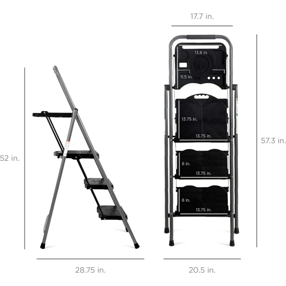 3-Step Ladder with Tool Tray, Portable Folding Wide Anti-Slip Step Stool, Hand Grip for Home and Office, 33
