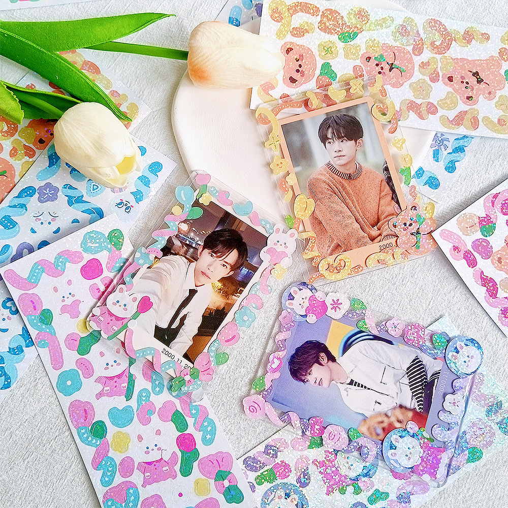 IMOON 12 แผ่นน่ารักเงาเลเซอร์ริบบิ้นสติกเกอร์สําหรับอัลบั้มภาพกรอบ DIY หัตถกรรมโปสเตอร์ตกแต่งสมุดภาพนักวางแผน