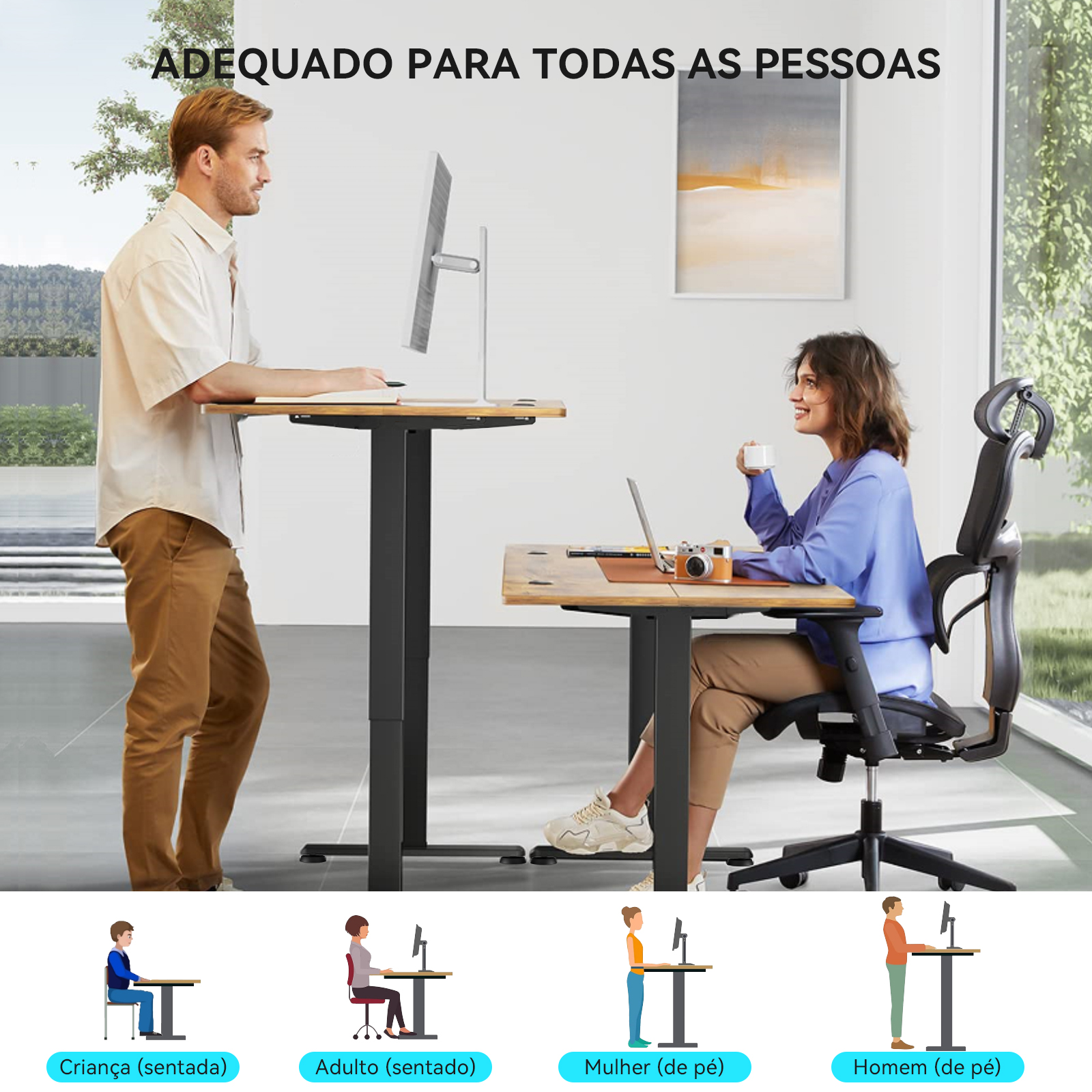 Escrivaninha elétrica de pé com estrutura de mesa ajustável em altura Escrivaninha de pé ergonômica com controle de memória Escrivaninha de pé para escritório em casa